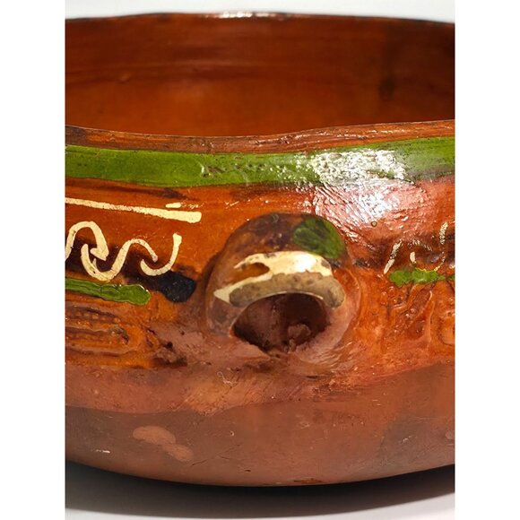Handcrafted Vintage Folk Art Mexican Clay Pottery Bowl With Green White Accents - Picture 8 of 12